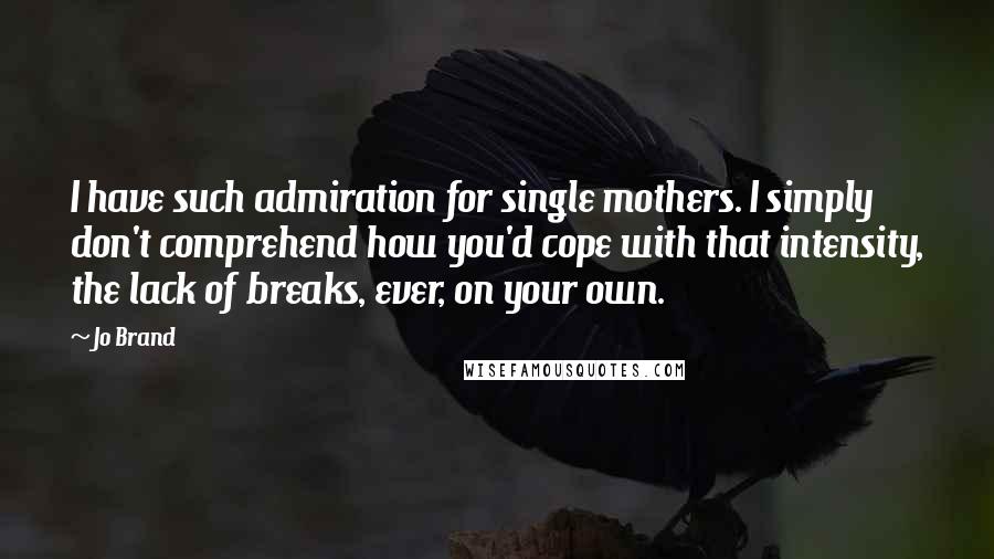 Jo Brand quotes: I have such admiration for single mothers. I simply don't comprehend how you'd cope with that intensity, the lack of breaks, ever, on your own.