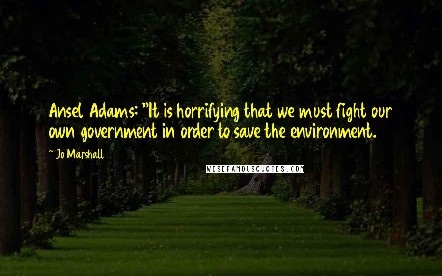 Jo Marshall quotes: Ansel Adams: "It is horrifying that we must fight our own government in order to save the environment.