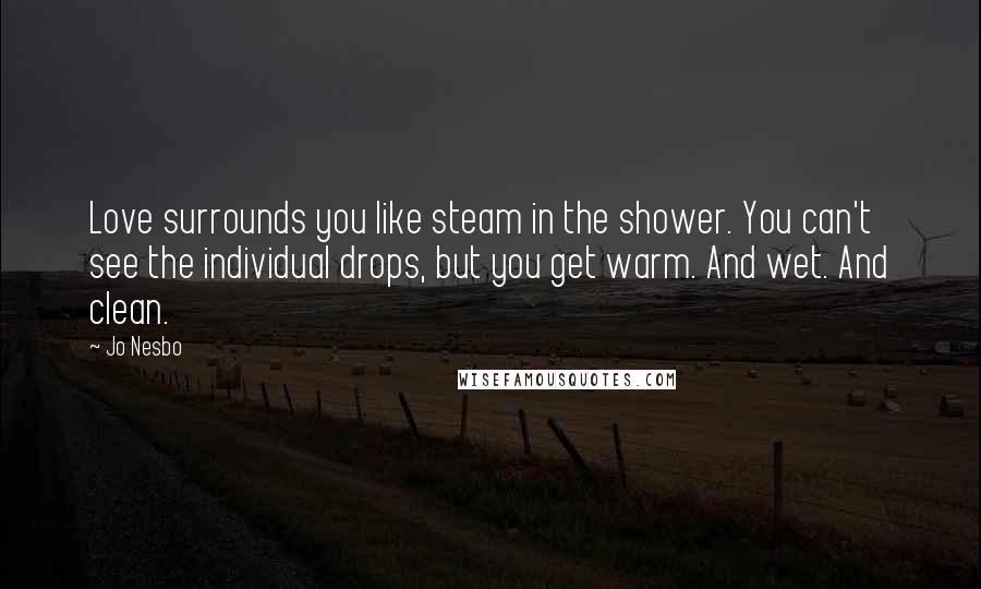 Jo Nesbo quotes: Love surrounds you like steam in the shower. You can't see the individual drops, but you get warm. And wet. And clean.