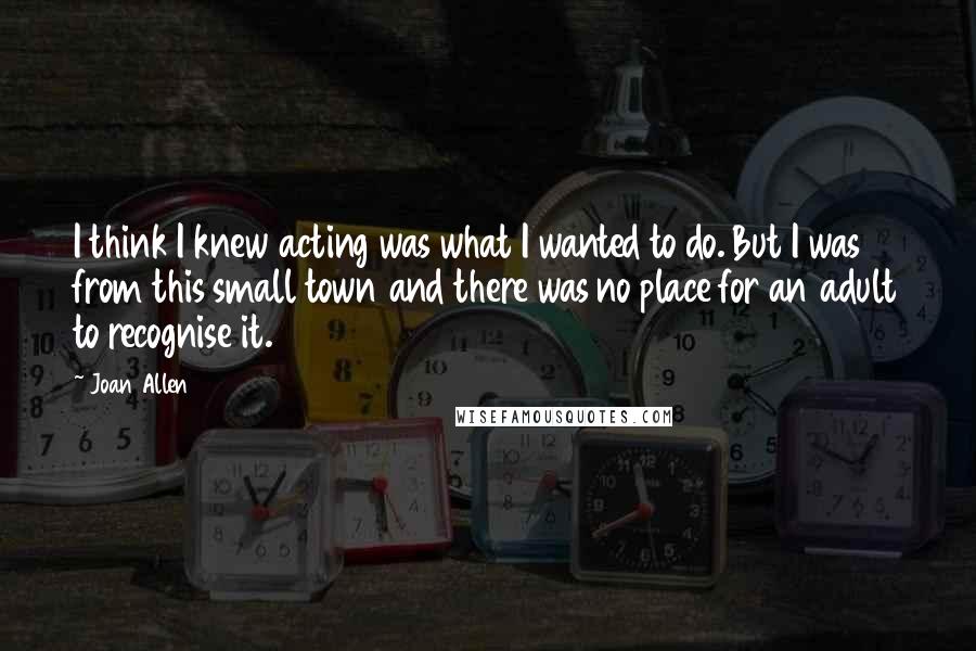 Joan Allen quotes: I think I knew acting was what I wanted to do. But I was from this small town and there was no place for an adult to recognise it. Joan Allen quotes: I think I knew acting was what I wanted to do. But I was from this small town and there was no place for an adult to recognise it.