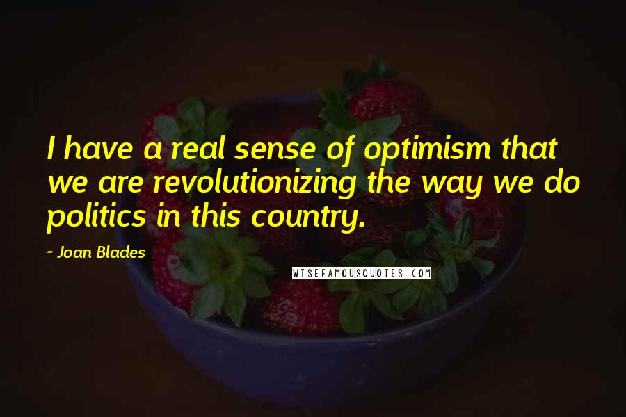 Joan Blades quotes: I have a real sense of optimism that we are revolutionizing the way we do politics in this country.