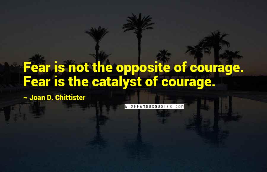 Joan D. Chittister quotes: Fear is not the opposite of courage. Fear is the catalyst of courage.