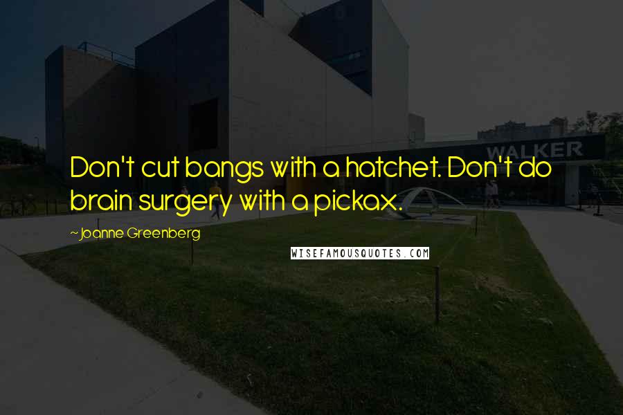 Joanne Greenberg quotes: Don't cut bangs with a hatchet. Don't do brain surgery with a pickax.