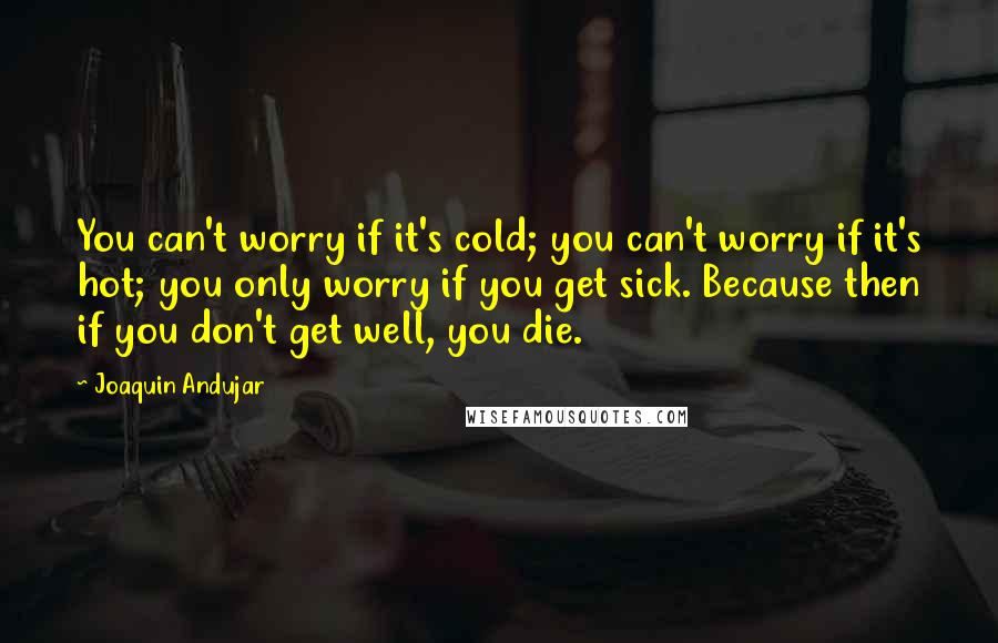 Joaquin Andujar quotes: You can't worry if it's cold; you can't worry if it's hot; you only worry if you get sick. Because then if you don't get well, you die. Joaquin Andujar quotes: You can't worry if it's cold; you can't worry if it's hot; you only worry if you get sick. Because then if you don't get well, you die.