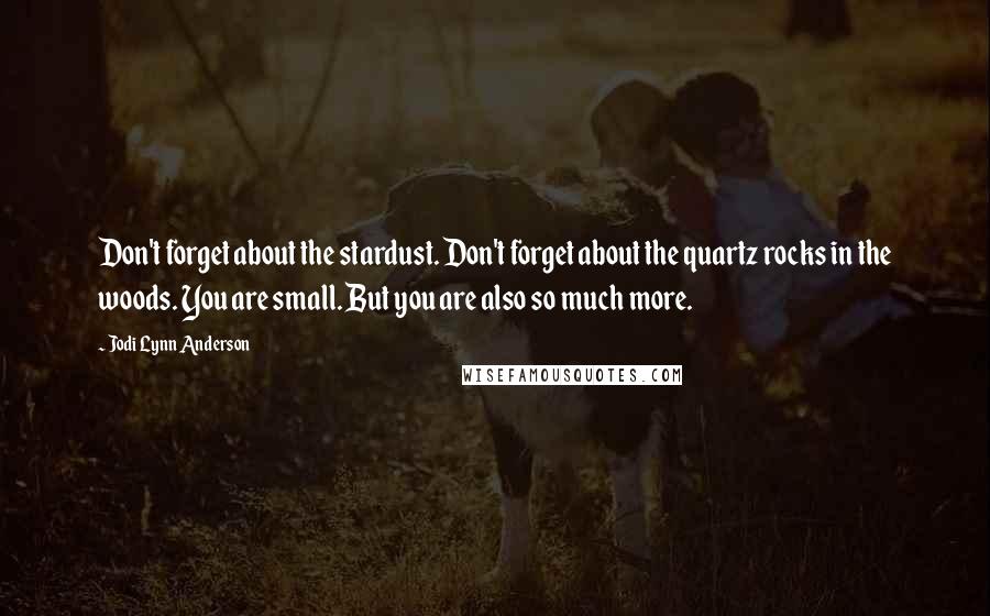 Jodi Lynn Anderson quotes: Don't forget about the stardust. Don't forget about the quartz rocks in the woods. You are small. But you are also so much more.