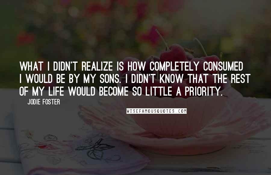 Jodie Foster quotes: What I didn't realize is how completely consumed I would be by my sons. I didn't know that the rest of my life would become so little a priority.