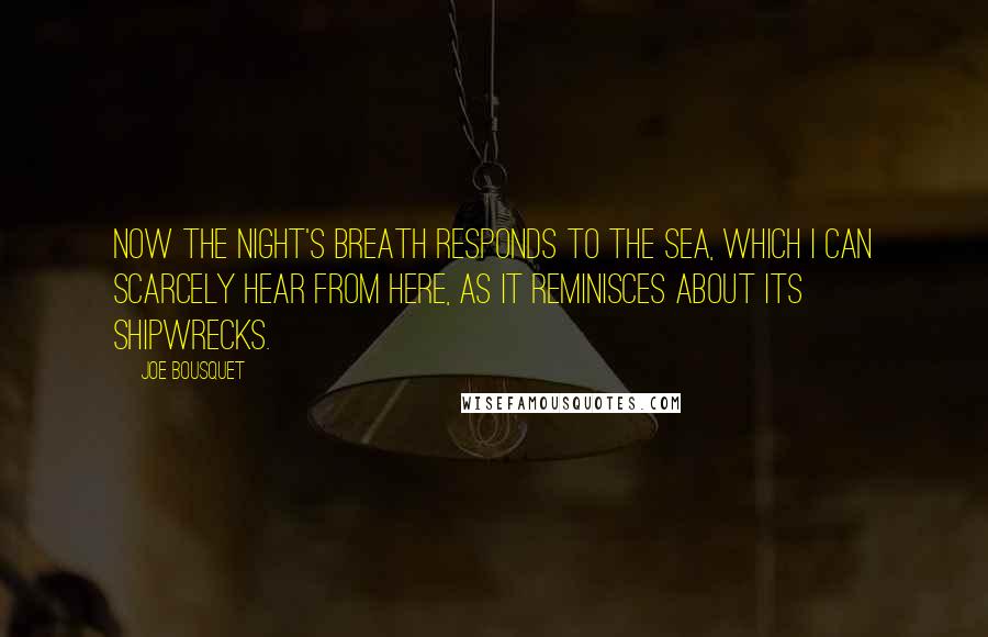 Joe Bousquet quotes: Now the night's breath responds to the sea, which I can scarcely hear from here, as it reminisces about its shipwrecks.