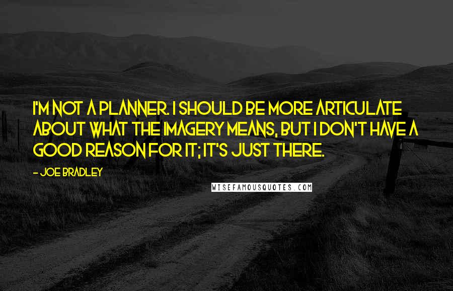 Joe Bradley quotes: I'm not a planner. I should be more articulate about what the imagery means, but I don't have a good reason for it; it's just there. Joe Bradley quotes: I'm not a planner. I should be more articulate about what the imagery means, but I don't have a good reason for it; it's just there.