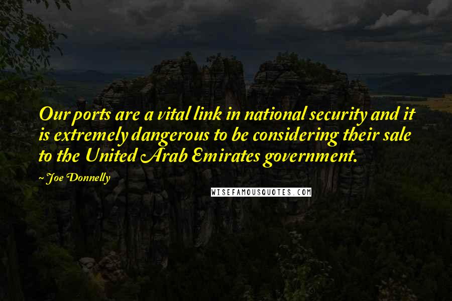 Joe Donnelly quotes: Our ports are a vital link in national security and it is extremely dangerous to be considering their sale to the United Arab Emirates government.