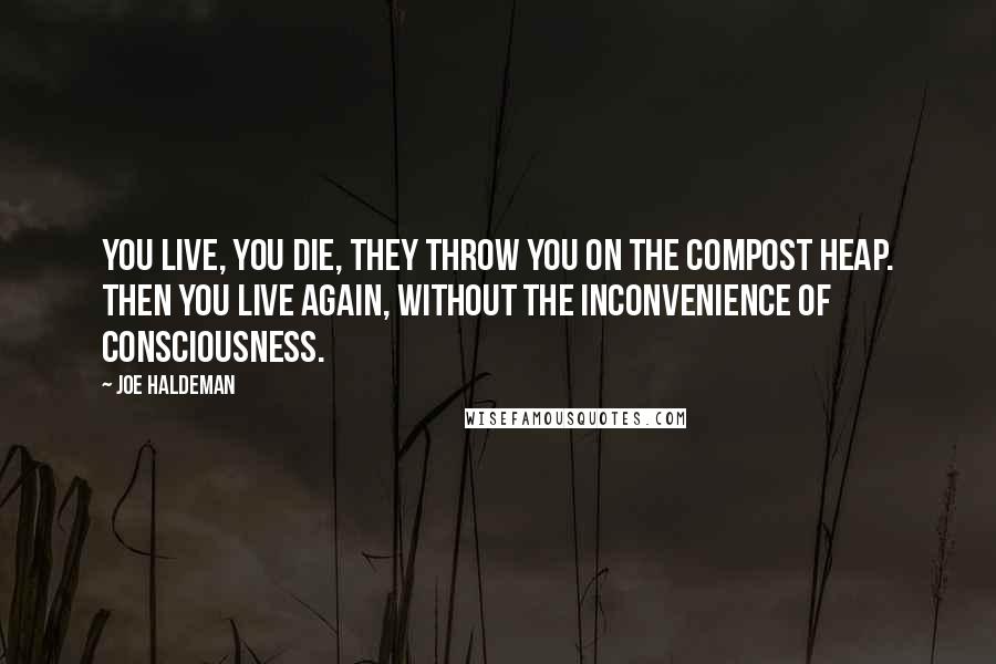 Joe Haldeman quotes: You live, you die, they throw you on the compost heap. Then you live again, without the inconvenience of consciousness.