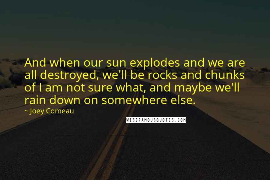 Joey Comeau quotes: And when our sun explodes and we are all destroyed, we'll be rocks and chunks of I am not sure what, and maybe we'll rain down on somewhere else.