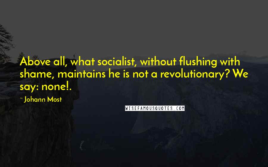 Johann Most quotes: Above all, what socialist, without flushing with shame, maintains he is not a revolutionary? We say: none!.