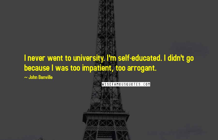 John Banville quotes: I never went to university. I'm self-educated. I didn't go because I was too impatient, too arrogant.