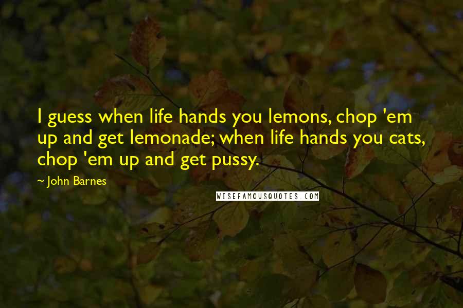 John Barnes quotes: I guess when life hands you lemons, chop 'em up and get lemonade; when life hands you cats, chop 'em up and get pussy.