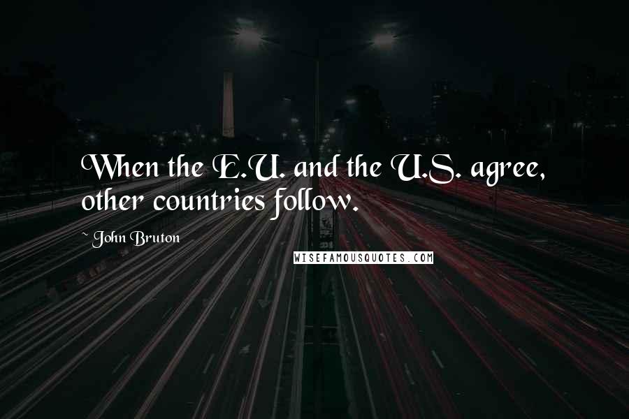 John Bruton quotes: When the E.U. and the U.S. agree, other countries follow.