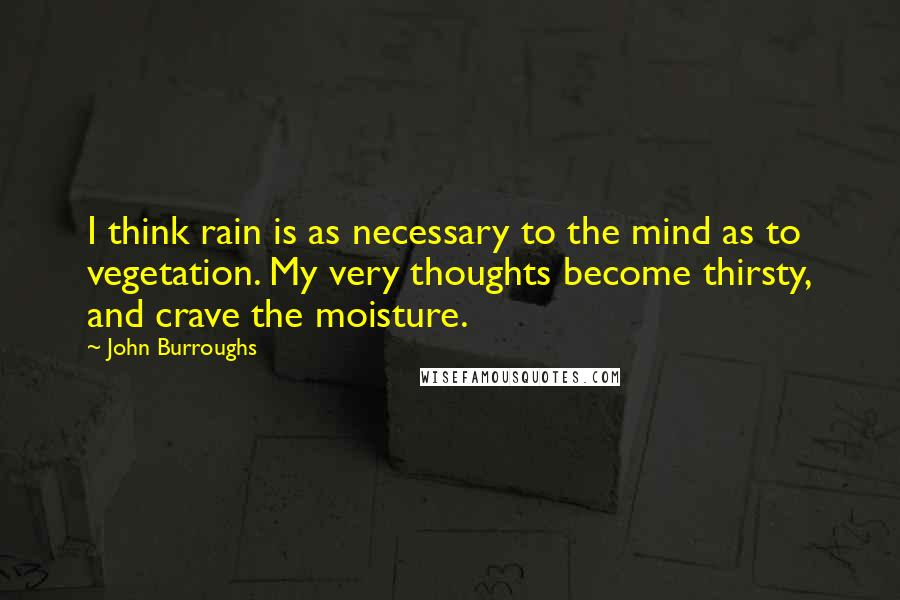 John Burroughs quotes: I think rain is as necessary to the mind as to vegetation. My very thoughts become thirsty, and crave the moisture.