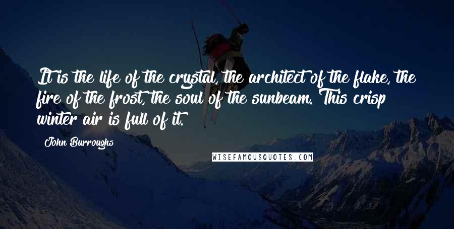 John Burroughs quotes: It is the life of the crystal, the architect of the flake, the fire of the frost, the soul of the sunbeam. This crisp winter air is full of it. John Burroughs quotes: It is the life of the crystal, the architect of the flake, the fire of the frost, the soul of the sunbeam. This crisp winter air is full of it.