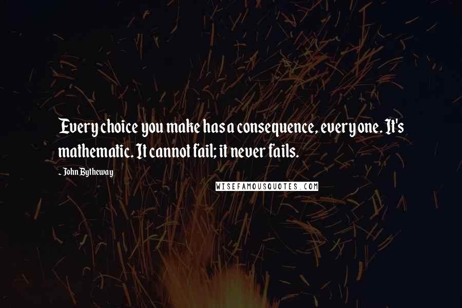 John Bytheway quotes: Every choice you make has a consequence, every one. It's mathematic. It cannot fail; it never fails. John Bytheway quotes: Every choice you make has a consequence, every one. It's mathematic. It cannot fail; it never fails.