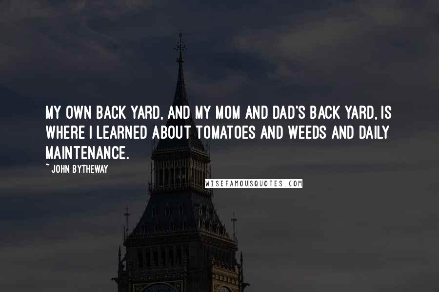 John Bytheway quotes: My own back yard, and my mom and dad's back yard, is where I learned about tomatoes and weeds and daily maintenance.