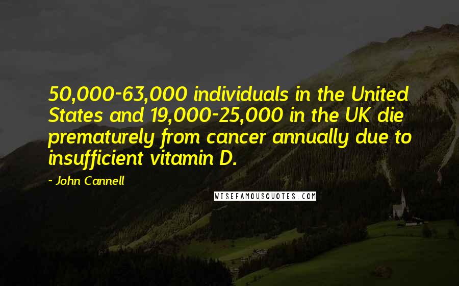 John Cannell quotes: 50,000-63,000 individuals in the United States and 19,000-25,000 in the UK die prematurely from cancer annually due to insufficient vitamin D.