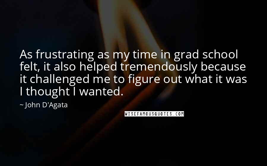 John D'Agata quotes: As frustrating as my time in grad school felt, it also helped tremendously because it challenged me to figure out what it was I thought I wanted.