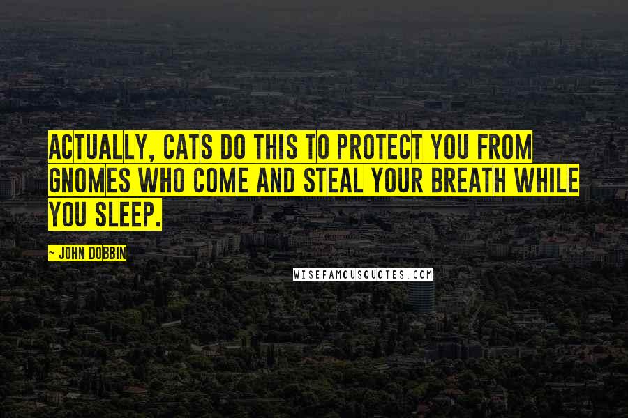 John Dobbin quotes: Actually, cats do this to protect you from gnomes who come and steal your breath while you sleep.