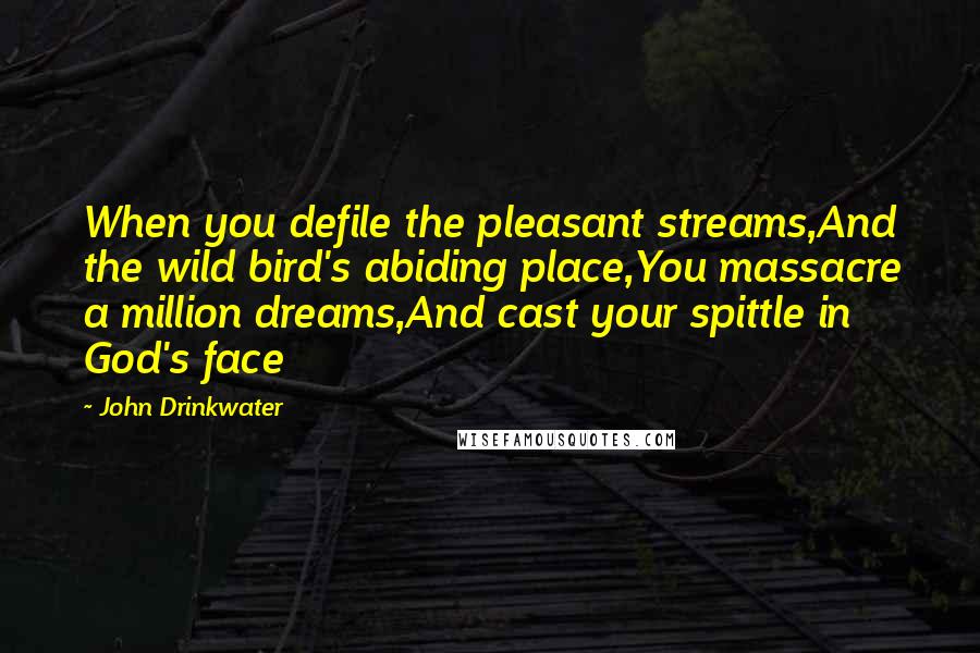 John Drinkwater quotes: When you defile the pleasant streams,And the wild bird's abiding place,You massacre a million dreams,And cast your spittle in God's face