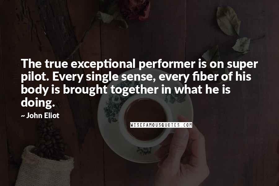 John Eliot quotes: The true exceptional performer is on super pilot. Every single sense, every fiber of his body is brought together in what he is doing.