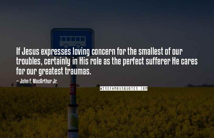 John F. MacArthur Jr. quotes: If Jesus expresses loving concern for the smallest of our troubles, certainly in His role as the perfect sufferer He cares for our greatest traumas.