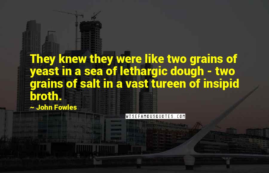 John Fowles quotes: They knew they were like two grains of yeast in a sea of lethargic dough - two grains of salt in a vast tureen of insipid broth.
