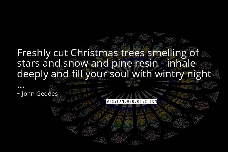 John Geddes quotes: Freshly cut Christmas trees smelling of stars and snow and pine resin - inhale deeply and fill your soul with wintry night ...