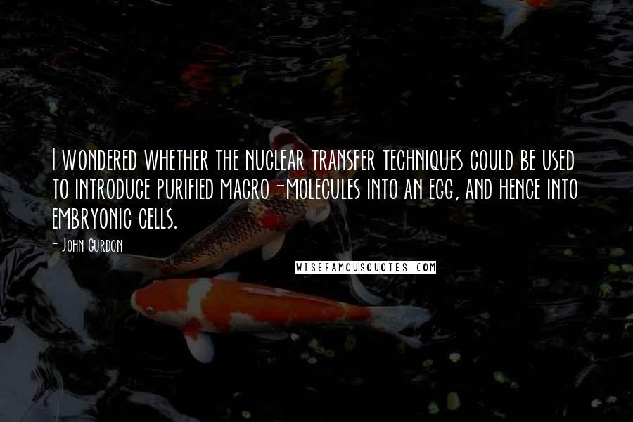 John Gurdon quotes: I wondered whether the nuclear transfer techniques could be used to introduce purified macro-molecules into an egg, and hence into embryonic cells.