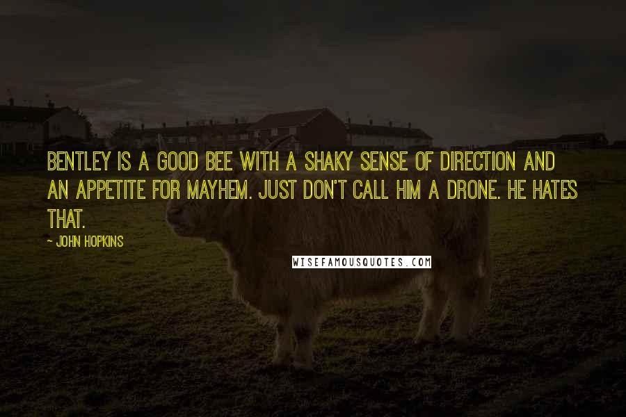 John Hopkins quotes: Bentley is a good bee with a shaky sense of direction and an appetite for mayhem. Just don't call him a drone. He hates that.