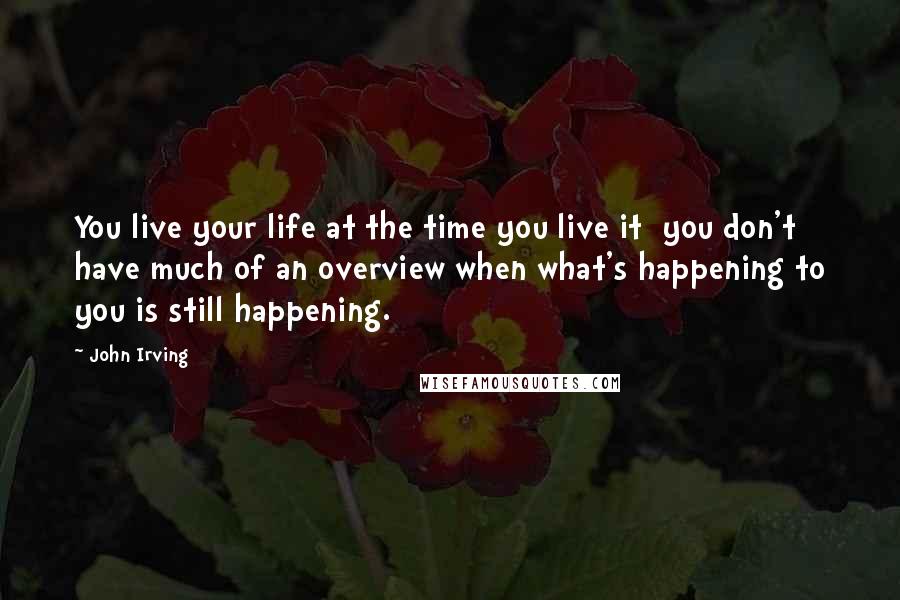 John Irving quotes: You live your life at the time you live it you don't have much of an overview when what's happening to you is still happening.