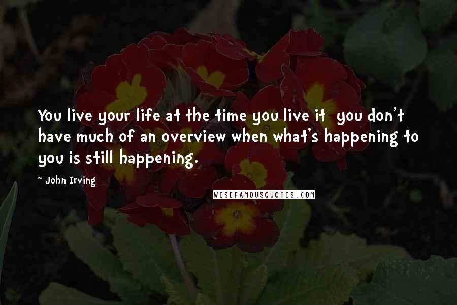 John Irving quotes: You live your life at the time you live it you don't have much of an overview when what's happening to you is still happening. John Irving quotes: You live your life at the time you live it you don't have much of an overview when what's happening to you is still happening.