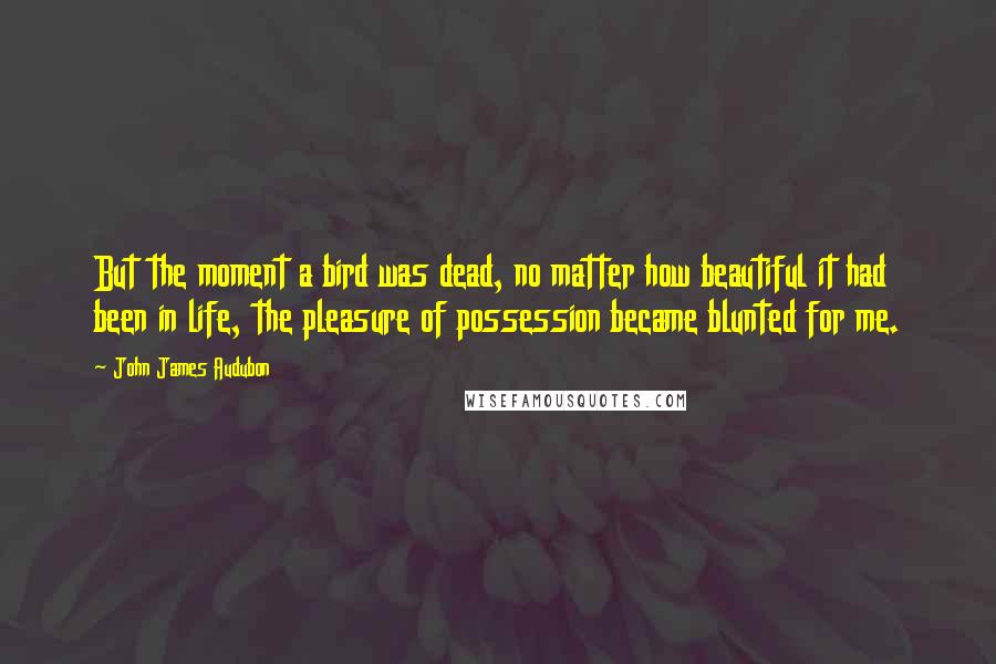 John James Audubon quotes: But the moment a bird was dead, no matter how beautiful it had been in life, the pleasure of possession became blunted for me.