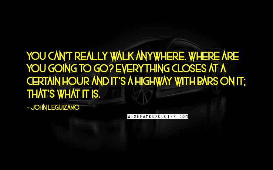 John Leguizamo quotes: You can't really walk anywhere. Where are you going to go? Everything closes at a certain hour and it's a highway with bars on it; that's what it is.