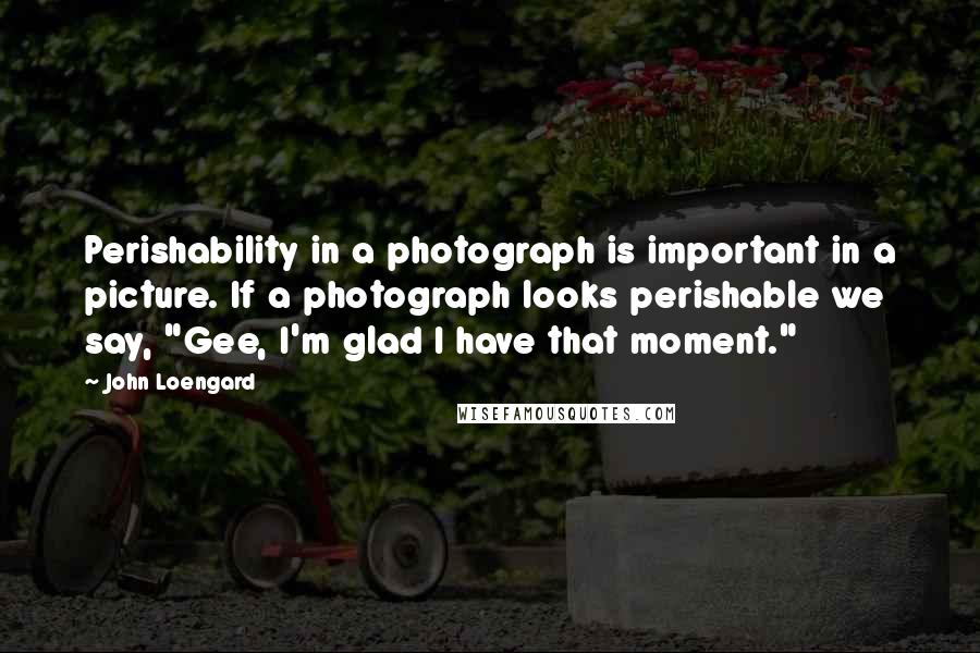 John Loengard quotes: Perishability in a photograph is important in a picture. If a photograph looks perishable we say, "Gee, I'm glad I have that moment."