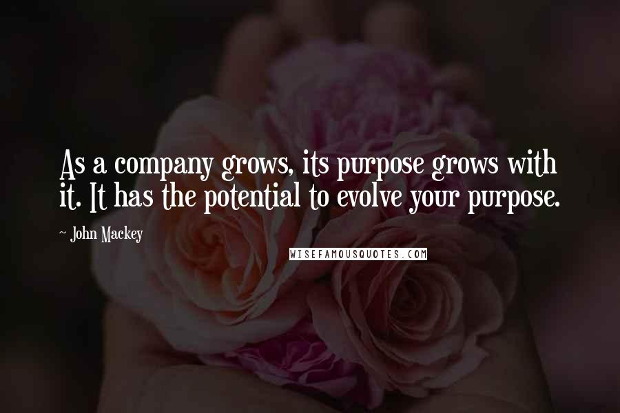 John Mackey quotes: As a company grows, its purpose grows with it. It has the potential to evolve your purpose.