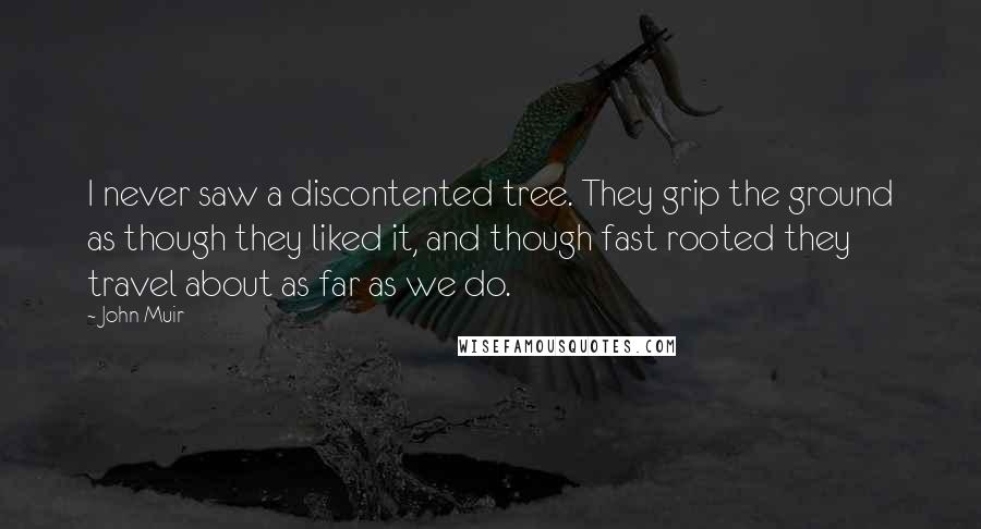 John Muir quotes: I never saw a discontented tree. They grip the ground as though they liked it, and though fast rooted they travel about as far as we do.