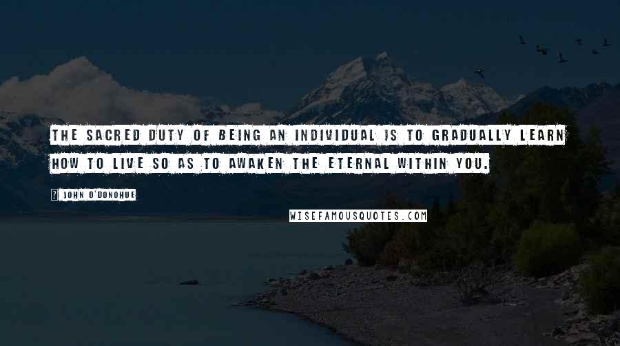 John O'Donohue quotes: The sacred duty of being an individual is to gradually learn how to live so as to awaken the eternal within you.