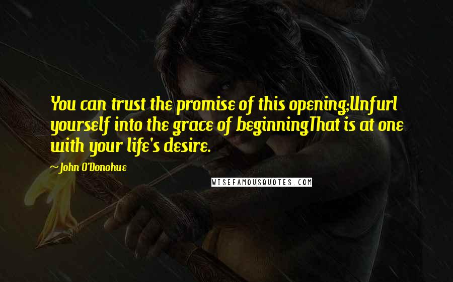 John O'Donohue quotes: You can trust the promise of this opening;Unfurl yourself into the grace of beginningThat is at one with your life's desire.