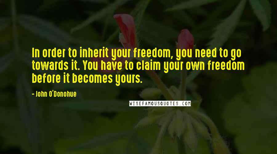 John O'Donohue quotes: In order to inherit your freedom, you need to go towards it. You have to claim your own freedom before it becomes yours.