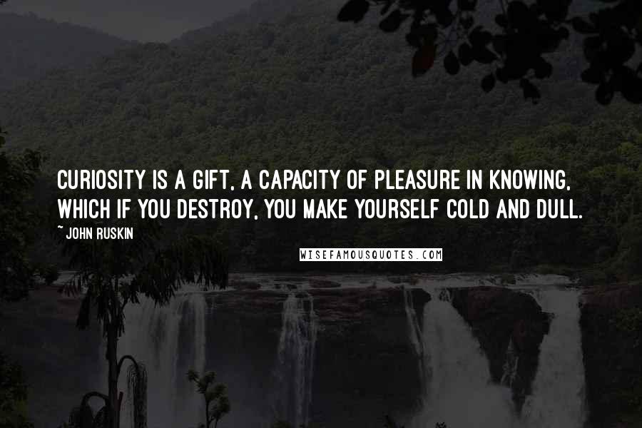 John Ruskin quotes: Curiosity is a gift, a capacity of pleasure in knowing, which if you destroy, you make yourself cold and dull. John Ruskin quotes: Curiosity is a gift, a capacity of pleasure in knowing, which if you destroy, you make yourself cold and dull.