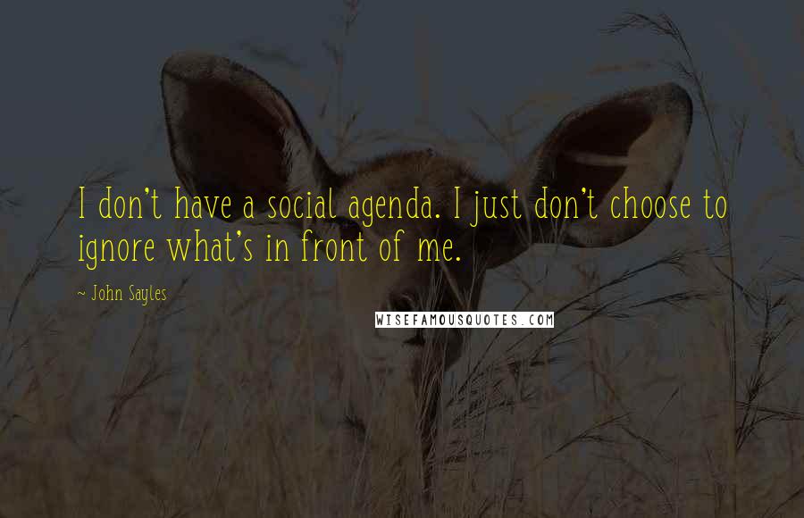 John Sayles quotes: I don't have a social agenda. I just don't choose to ignore what's in front of me.