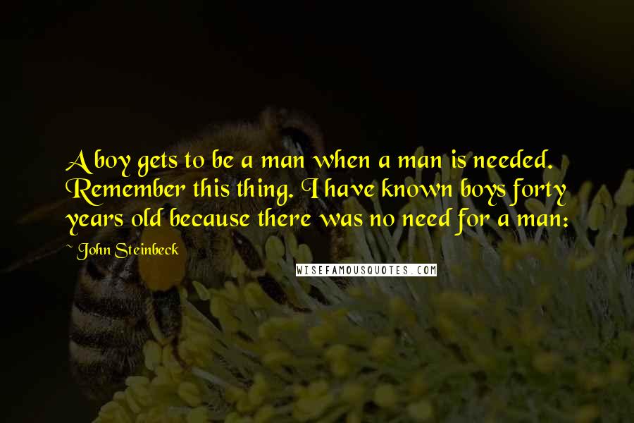 John Steinbeck quotes: A boy gets to be a man when a man is needed. Remember this thing. I have known boys forty years old because there was no need for a man: