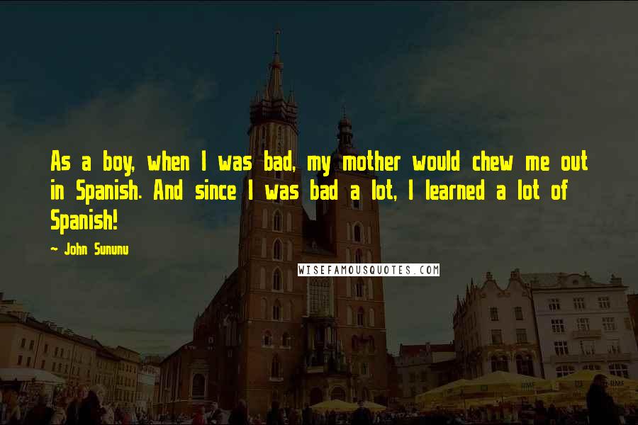 John Sununu quotes: As a boy, when I was bad, my mother would chew me out in Spanish. And since I was bad a lot, I learned a lot of Spanish! John Sununu quotes: As a boy, when I was bad, my mother would chew me out in Spanish. And since I was bad a lot, I learned a lot of Spanish!