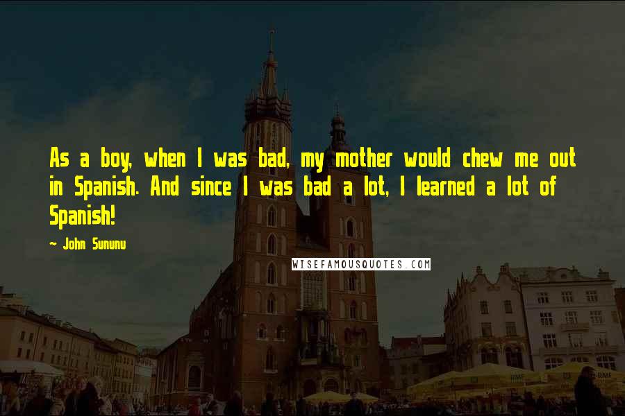 John Sununu quotes: As a boy, when I was bad, my mother would chew me out in Spanish. And since I was bad a lot, I learned a lot of Spanish!