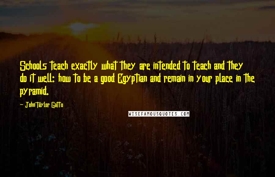 John Taylor Gatto quotes: Schools teach exactly what they are intended to teach and they do it well: how to be a good Egyptian and remain in your place in the pyramid.