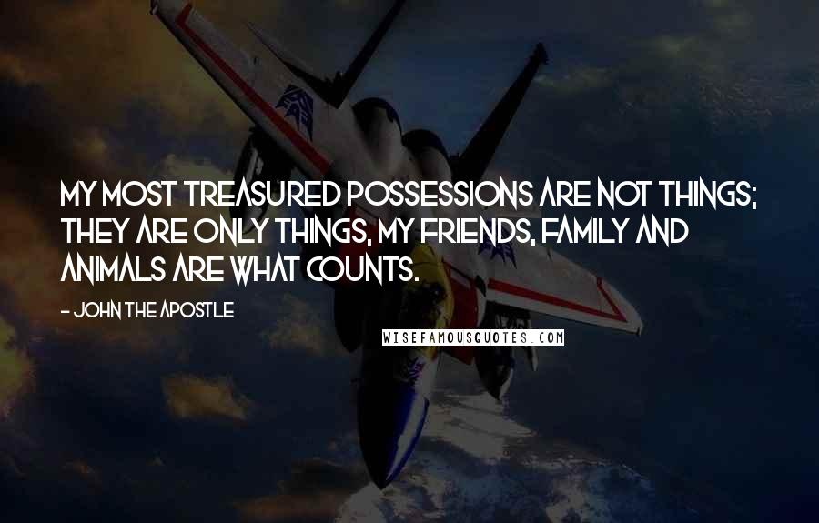 John The Apostle quotes: My most treasured possessions are not things; they are only things, my friends, family and animals are what counts.